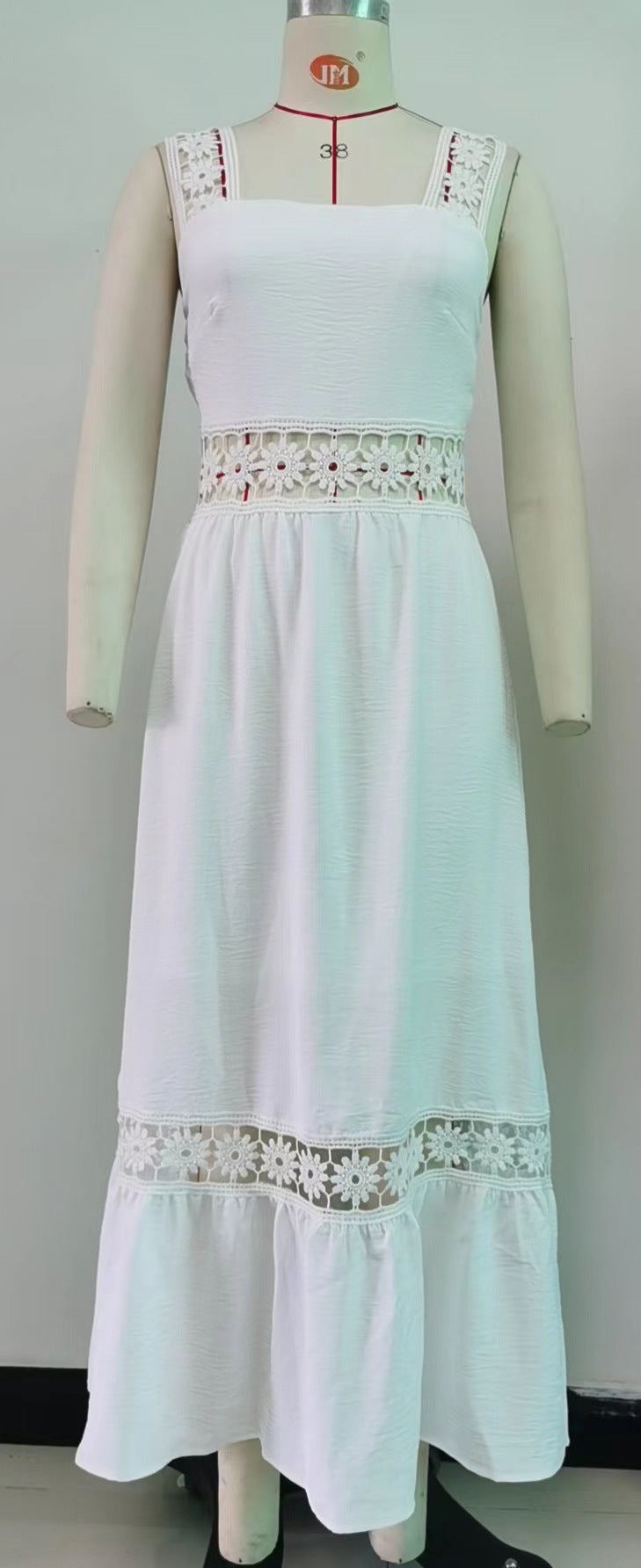 Solid Color Hollow Out Lace Stitching Square Collar Sleeveless Strap Dress