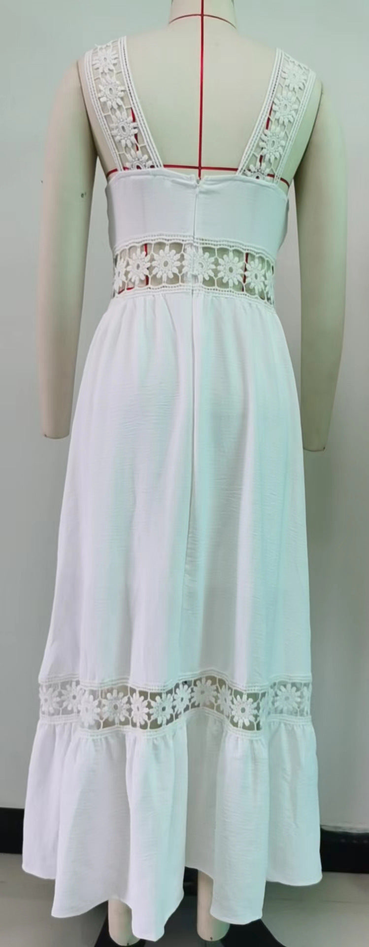 Solid Color Hollow Out Lace Stitching Square Collar Sleeveless Strap Dress