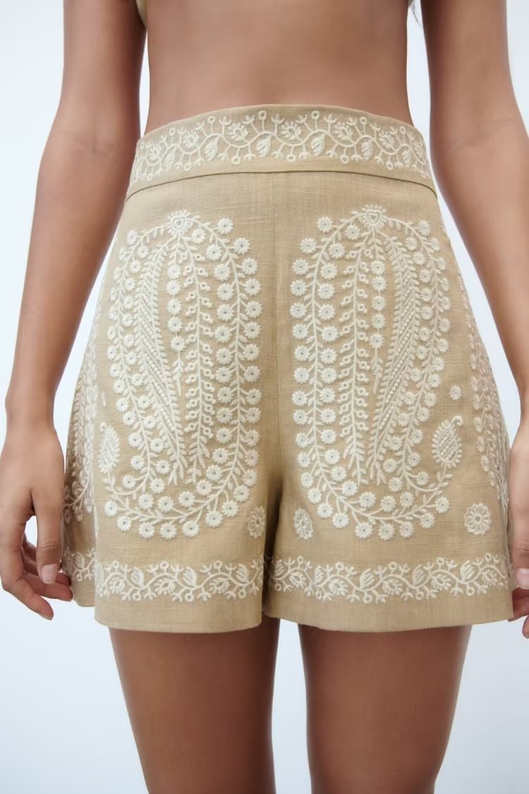 Summer Women Clothing Street Casual Linen Embroidery Shorts