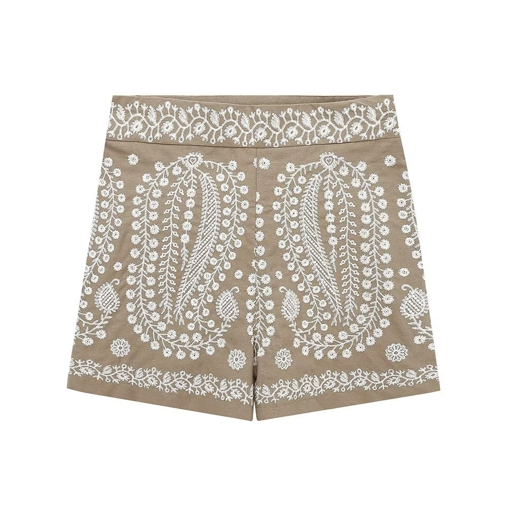 Summer Women Clothing Street Casual Linen Embroidery Shorts