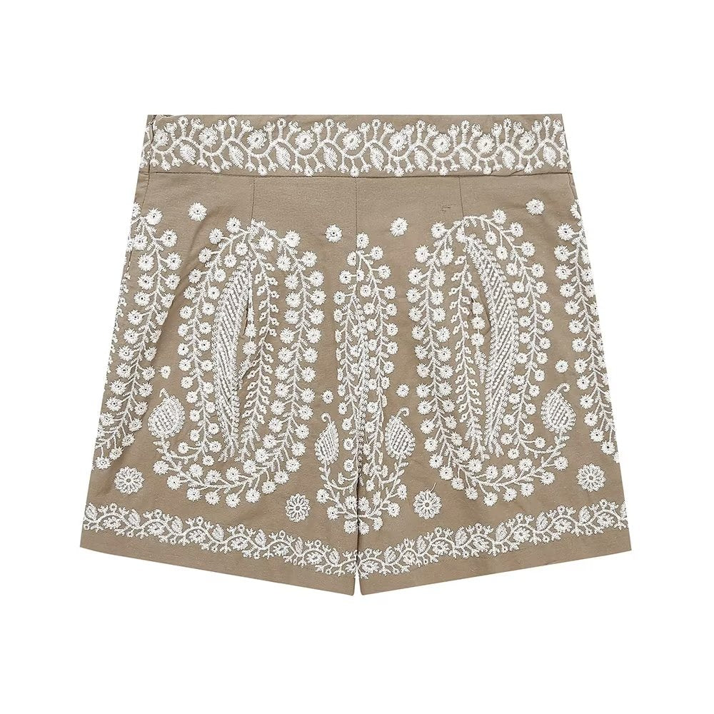 Summer Women Clothing Street Casual Linen Embroidery Shorts