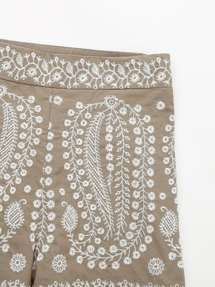 Summer Women Clothing Street Casual Linen Embroidery Shorts