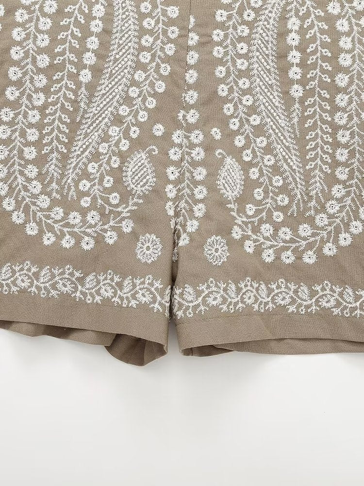 Summer Women Clothing Street Casual Linen Embroidery Shorts