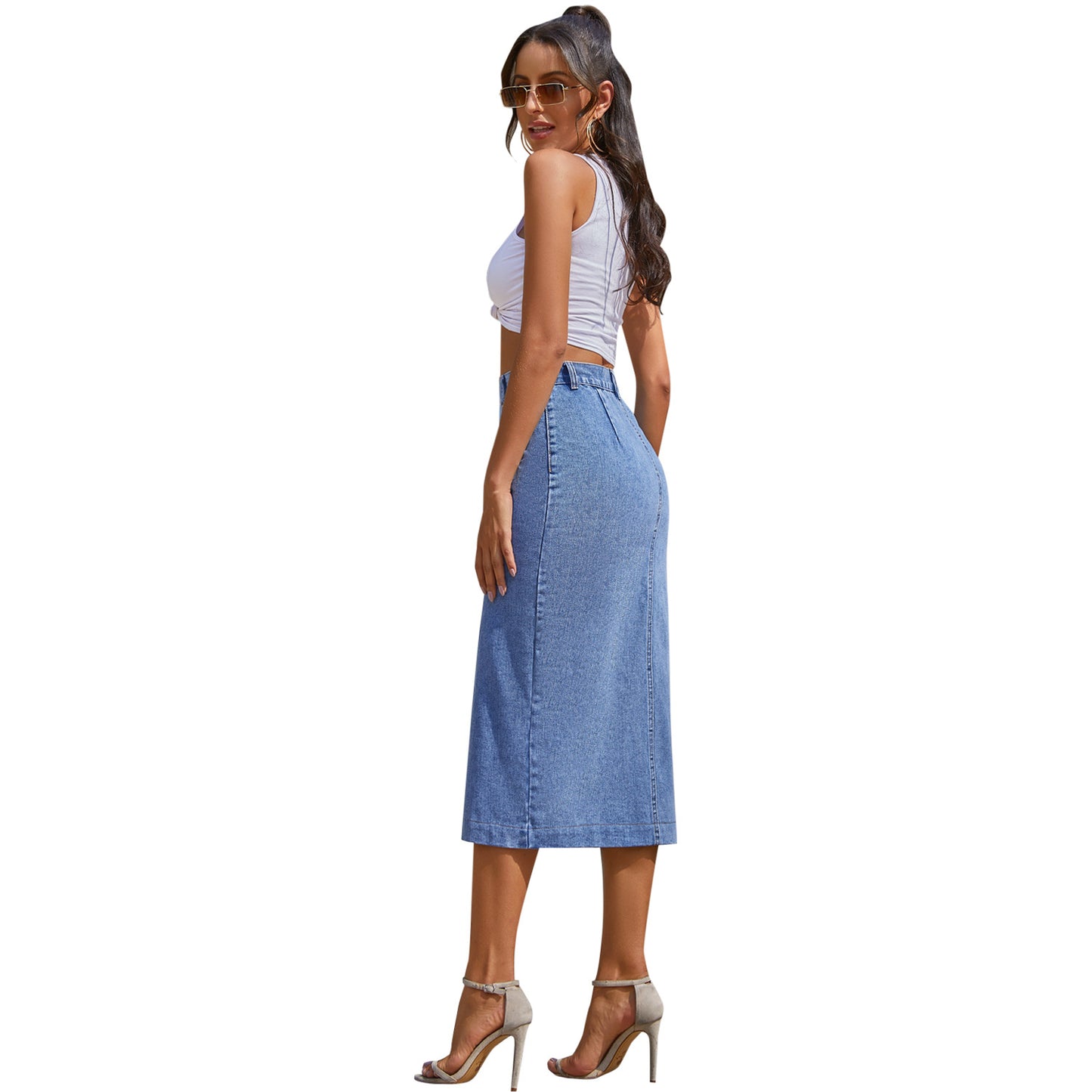 Women Clothing Button Irregular Asymmetric Slit Denim High Waist Long Skirt