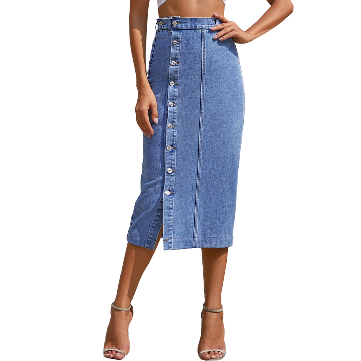 Women Clothing Button Irregular Asymmetric Slit Denim High Waist Long Skirt