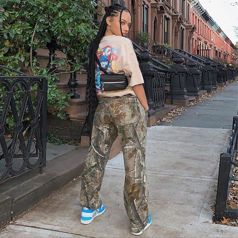 Women Clothing Autumn Winter Leaf Printing Pocket Loose Cargo Trousers