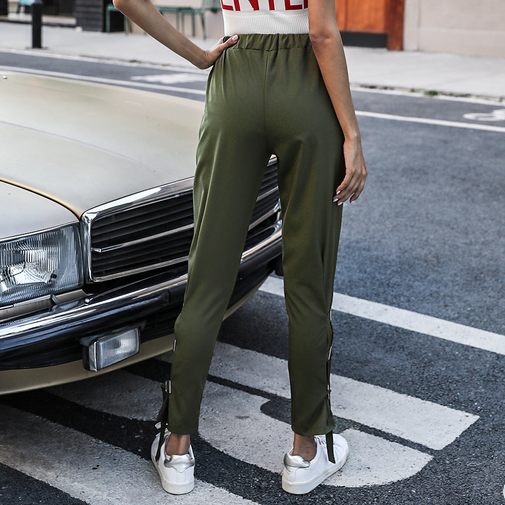 Spring Autumn Women Wear Casual Bandage Personality Solid Color Low Waist Skinny Pants