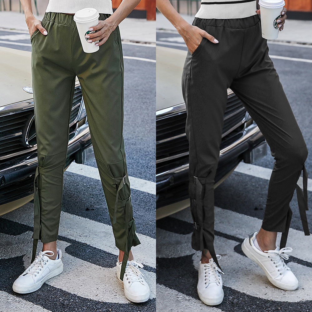 Spring Autumn Women Wear Casual Bandage Personality Solid Color Low Waist Skinny Pants