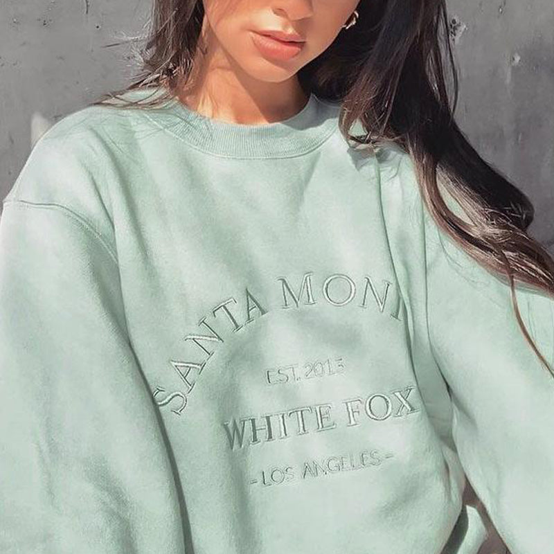 Women Sweater Letter Graphic Embroidery Loose Casual Long Sleeves Fleece Pullover