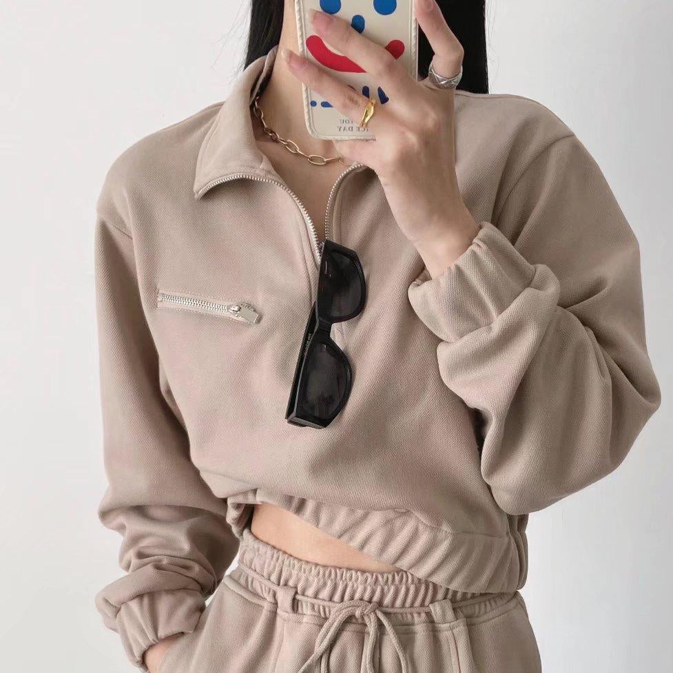 Autumn Winter New Half Zipper Sweater Trend Internet Celebrity Fashion Women Wear Stand Collar Loose-Fitting Short