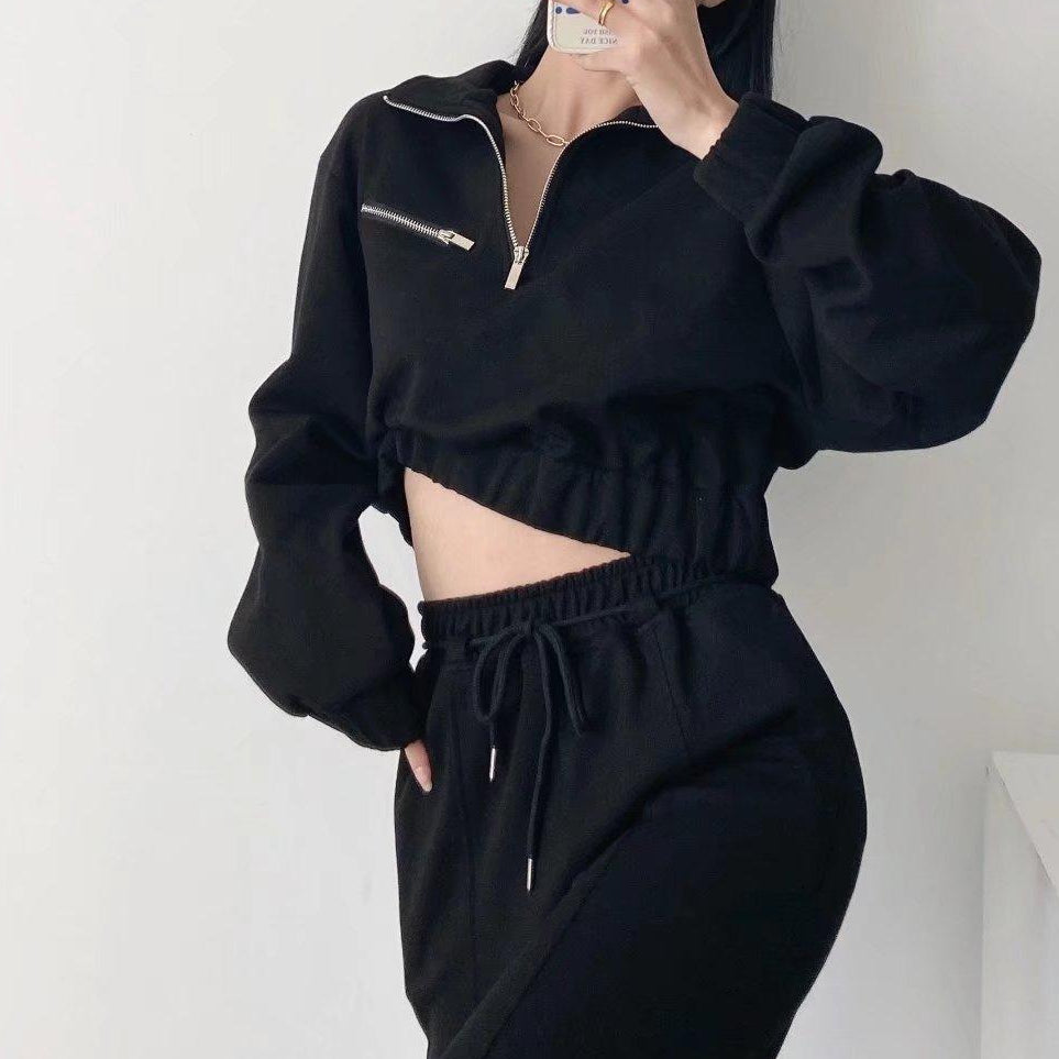 Autumn Winter New Half Zipper Sweater Trend Internet Celebrity Fashion Women Wear Stand Collar Loose-Fitting Short