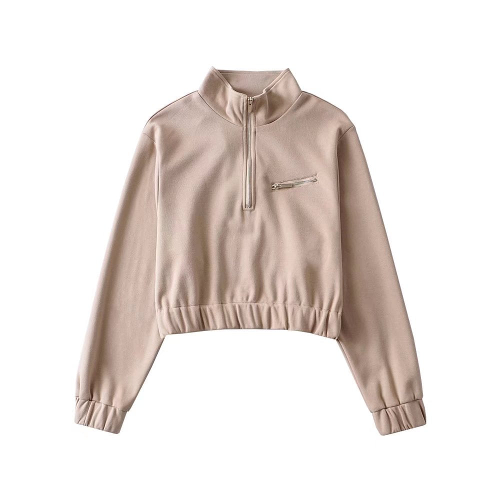Autumn Winter New Half Zipper Sweater Trend Internet Celebrity Fashion Women Wear Stand Collar Loose-Fitting Short