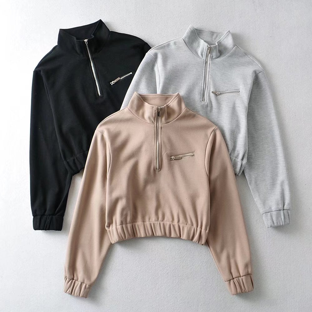 Autumn Winter New Half Zipper Sweater Trend Internet Celebrity Fashion Women Wear Stand Collar Loose-Fitting Short