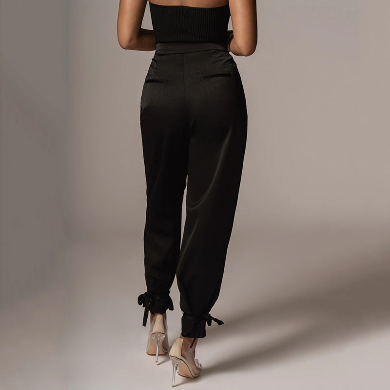 Women High Waist Lace-up Beam Skinny Trousers