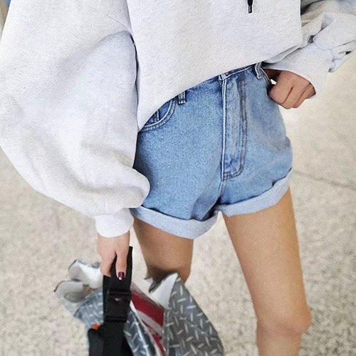 Summer Denim Shorts Elastic Waist Curling Denim Pants Casual Daily Shorts