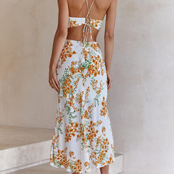 Spring Summer Small Floral Print Backless Lace-up Sweet Spaghetti-Strap Dress