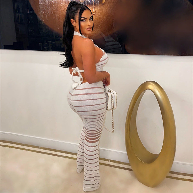 Women Clothing Autumn Lace up Halter Backless Sexy Knitted Vest High Waist Trousers Set