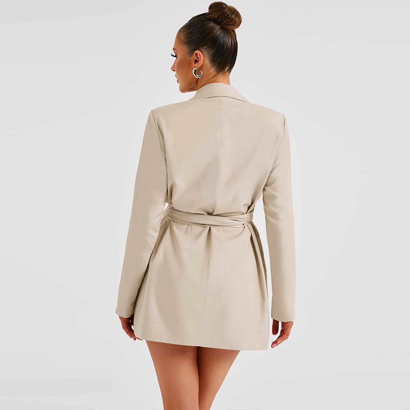 Women Clothing Autumn Collared Waist Belt Mid Length Coat Dress