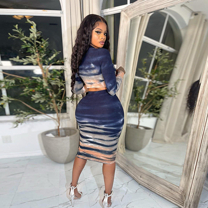 Women Clothing Autumn Winter Street Shooting Long Sleeve Pullover Print Slim Fit Sheath Dress Printed