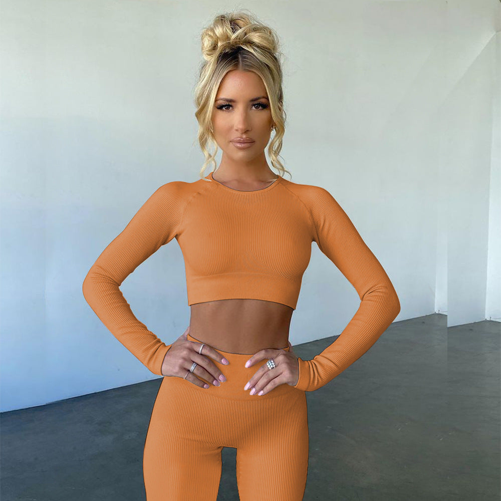 Knitted Women Clothing Rib Sunken Stripe Seamless Yoga Workout Clothes Long Sleeve Trousers Suit