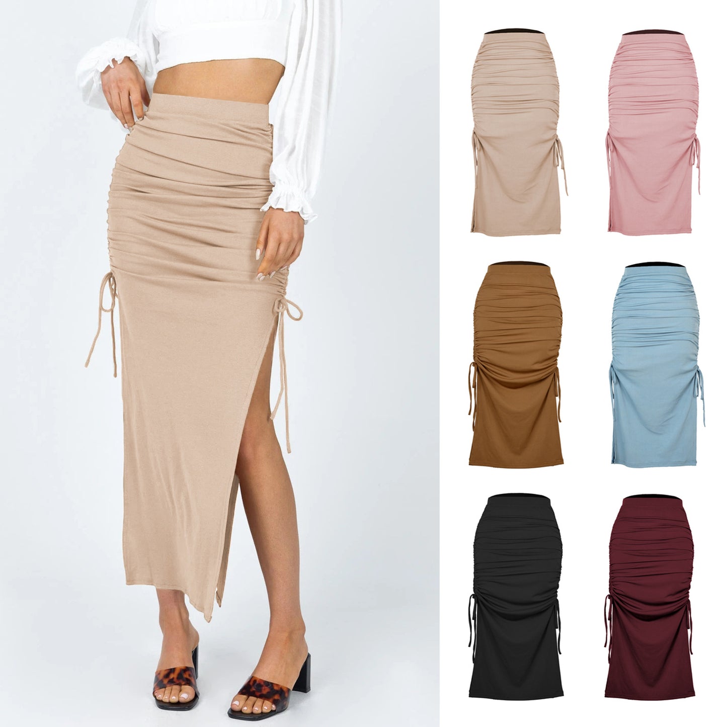 Slit Knitted Slim Skirt Pleated Tie Sexy Sheath Women Clothing Skirt