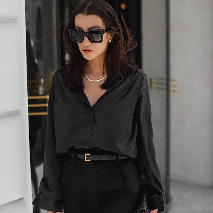 Black Satin Matte Silk-like Office Long Sleeve Shirt Autumn Top for Women