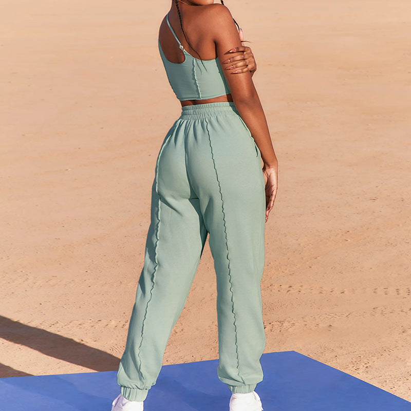 Women Clothing Sexy Solid Color Sling Casual Pants Two Piece Suit