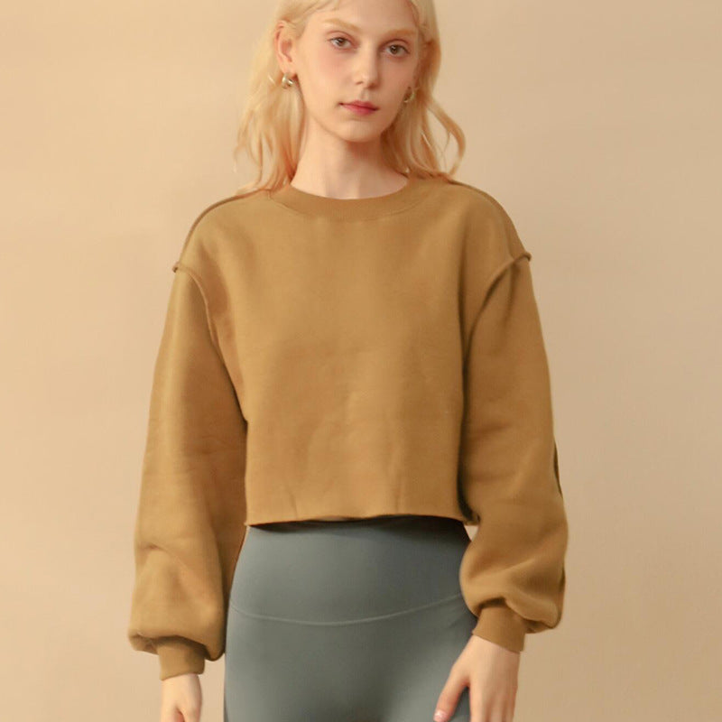 Fleece Lined Long Sleeved Fitness Yoga Wear Top Sports Cropped Short Sweater for Women
