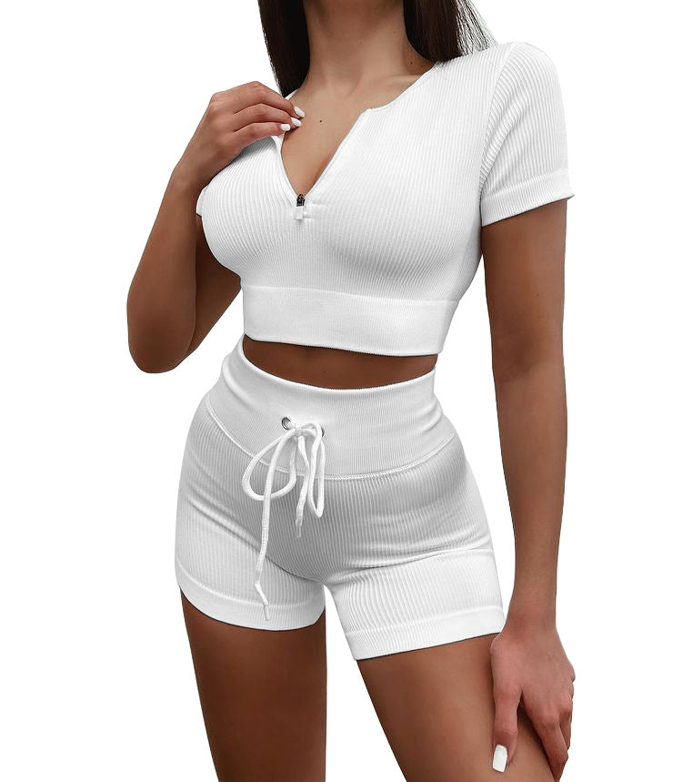 Seamless Sports Yoga Workout Clothes Short Sleeve Shorts Suit Drawstring Zipper Women