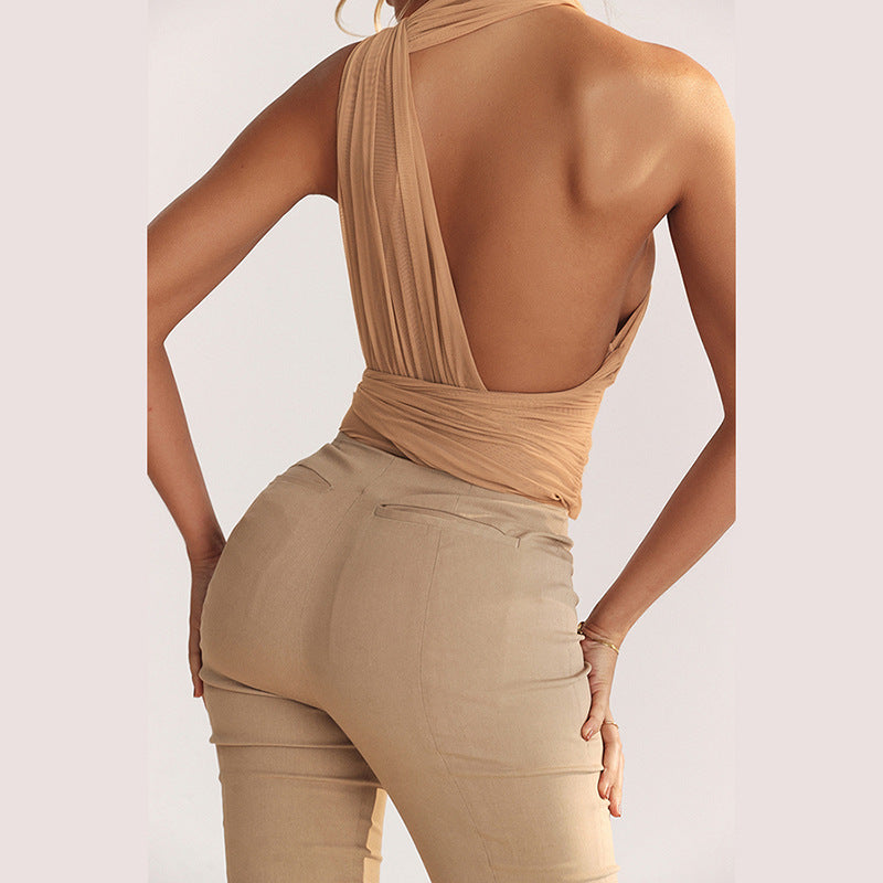 Autumn Winter Women Clothing Halter Sexy Backless Hollow Out Cutout Mesh Bottoming Jumpsuit for Women