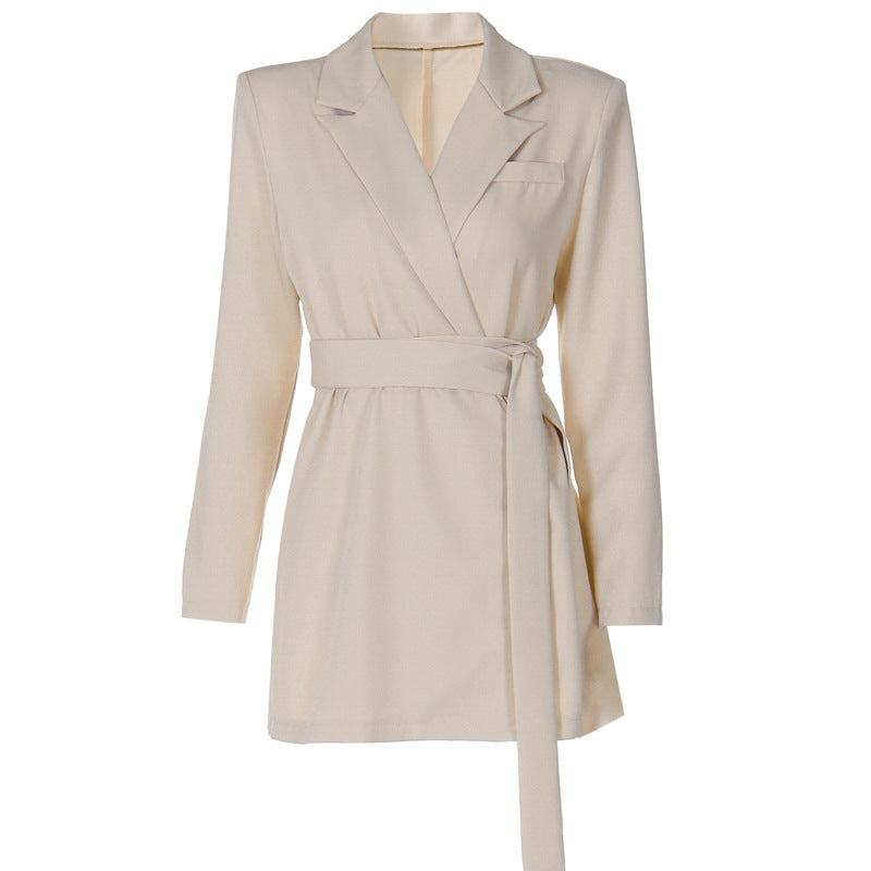 Women Clothing Autumn Collared Waist Belt Mid Length Coat Dress