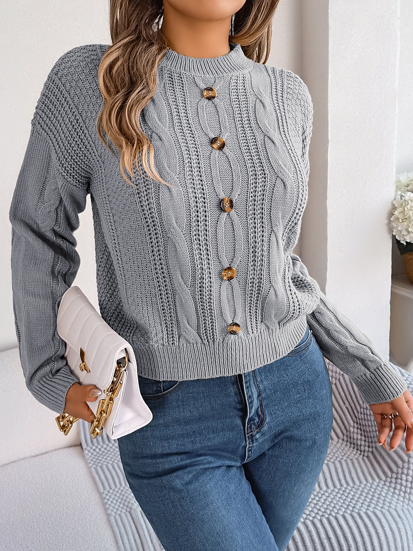 Autumn Winter Casual Solid Color Buttons Twist Long Sleeve Pullover Sweater Women Clothing