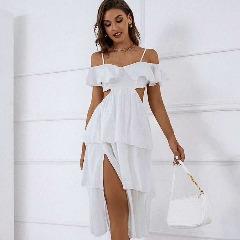 Summer Solid Color Strap Backless Cropped Outfit Sexy High Waist Tiered Dress Women Dress