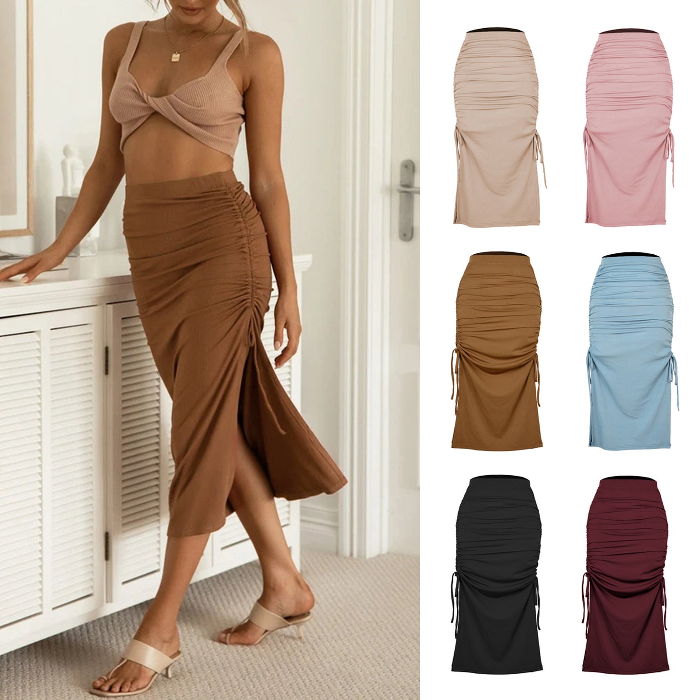 Slit Knitted Slim Skirt Pleated Tie Sexy Sheath Women Clothing Skirt