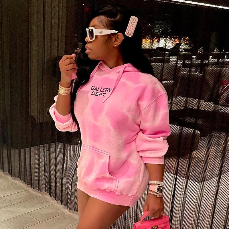 Women Clothing Autumn Winter Hooded Hat Rope Long Sleeve Letter Graphic Printing Long Pocket Top