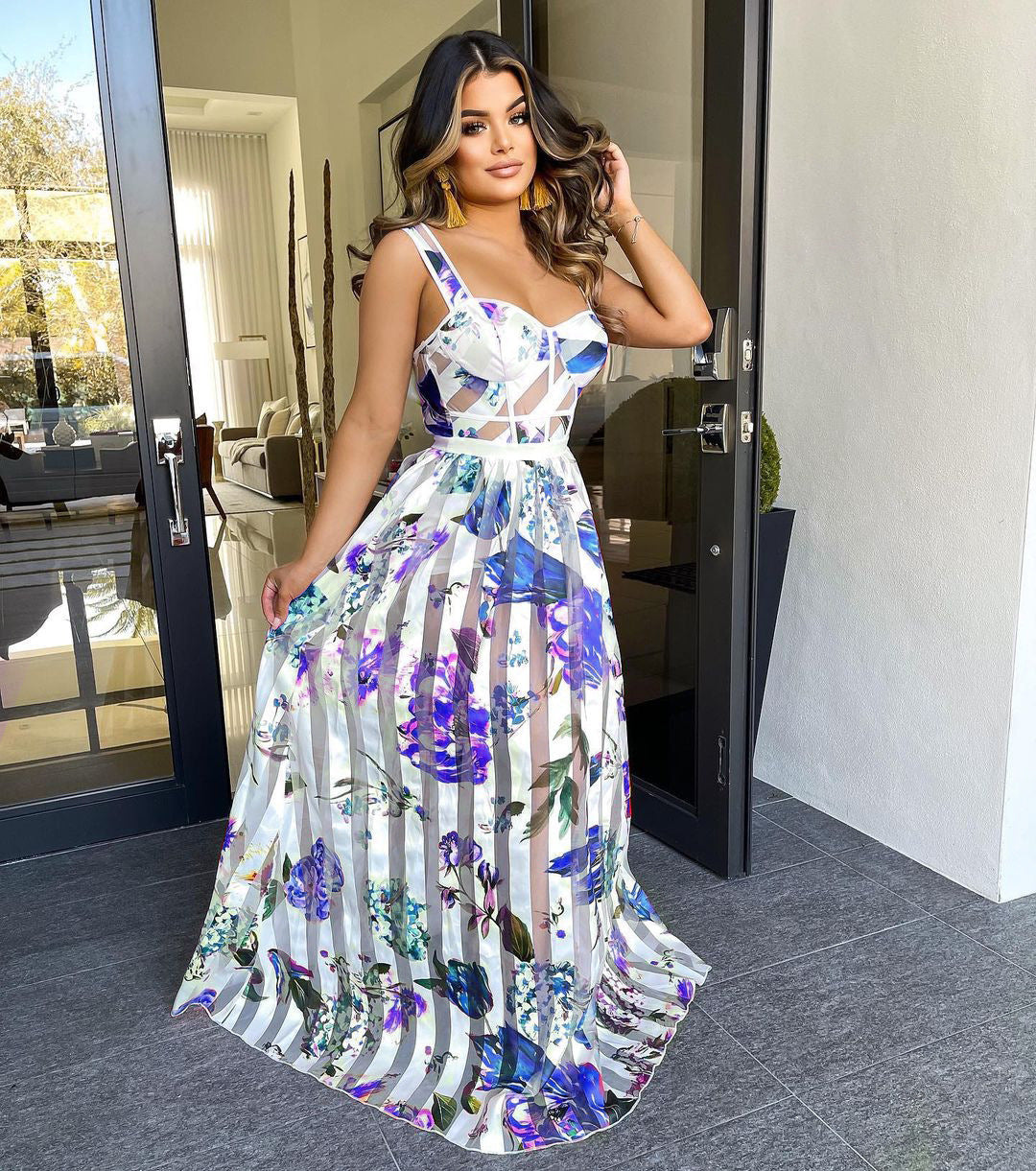 Summer Chest Wrap Spaghetti Strap Floral Print Nude See Through Wide Hem Maxi Dress