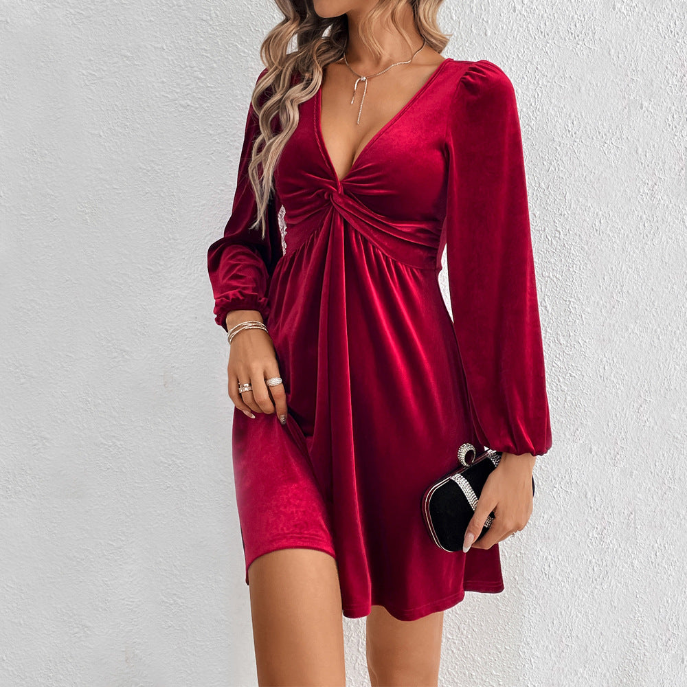 Women Clothing Autumn Winter Sexy V neck Tight Waist A line Dress Long Sleeve Party Velvet Dress