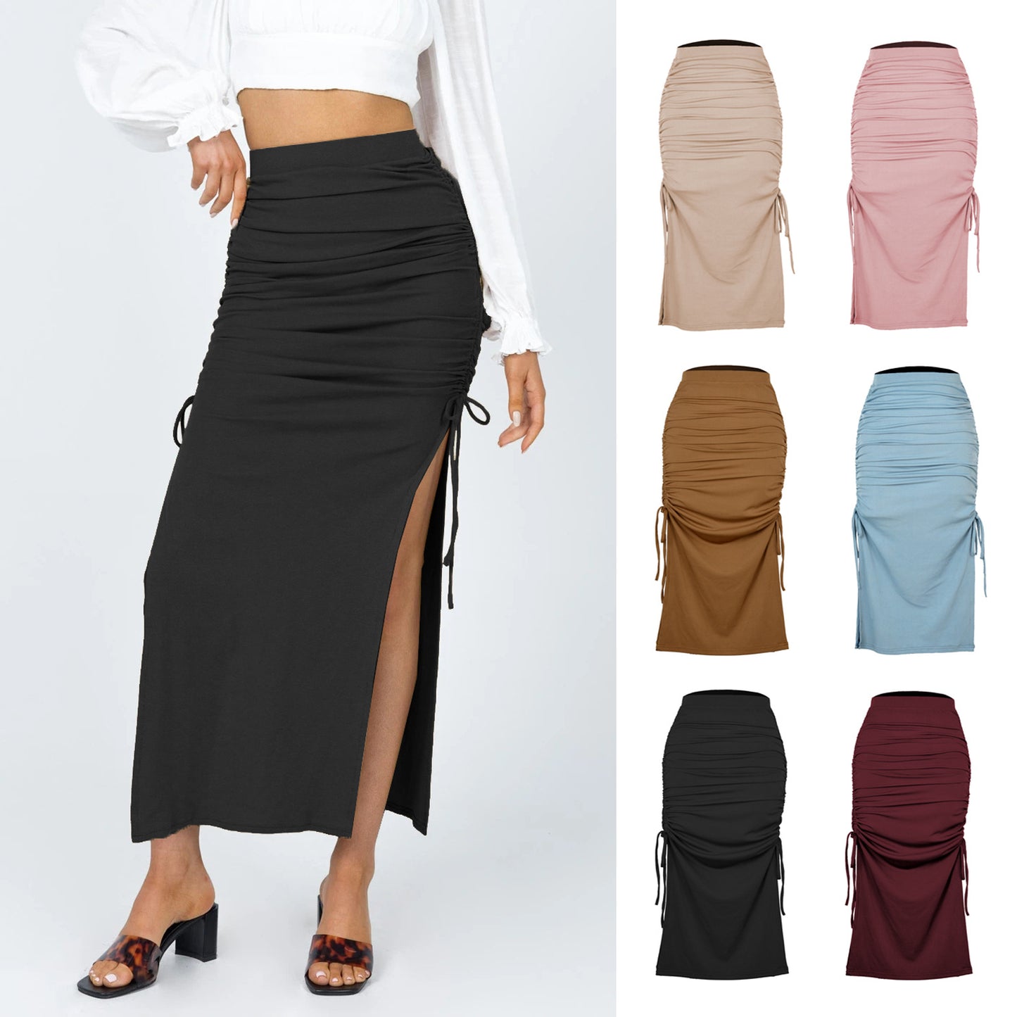 Slit Knitted Slim Skirt Pleated Tie Sexy Sheath Women Clothing Skirt