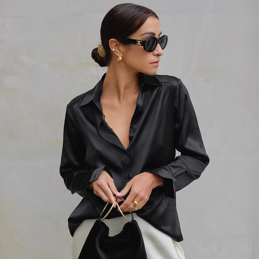 Black Satin Matte Silk-like Office Long Sleeve Shirt Autumn Top for Women