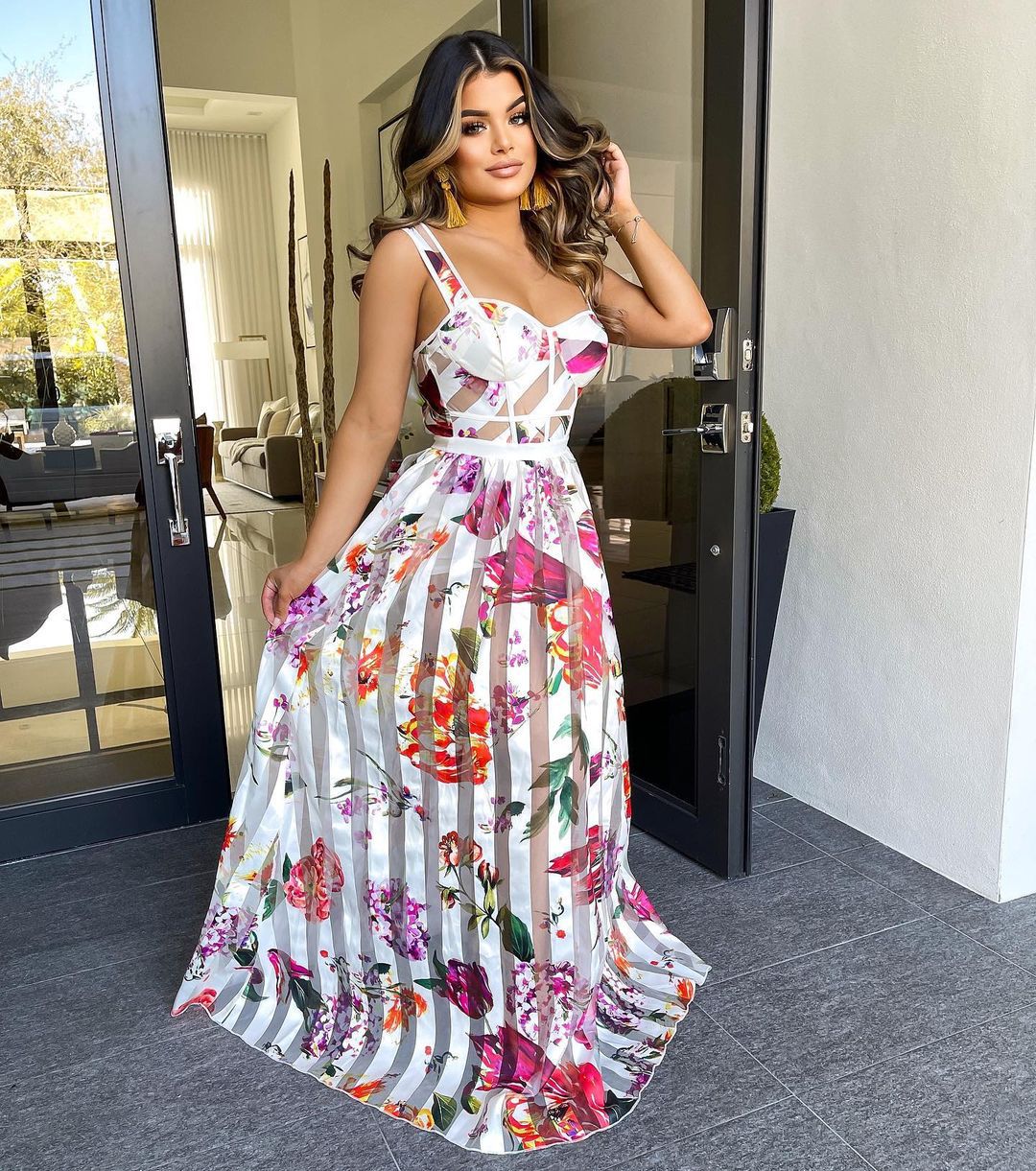 Summer Chest Wrap Spaghetti Strap Floral Print Nude See Through Wide Hem Maxi Dress