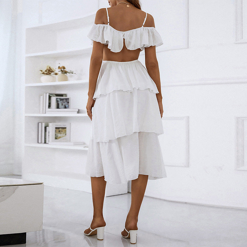 Summer Solid Color Strap Backless Cropped Outfit Sexy High Waist Tiered Dress Women Dress