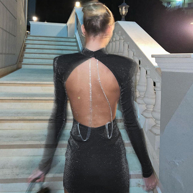Women Clothing Autumn Sexy Backless round Neck Long Sleeve Narrow Dress
