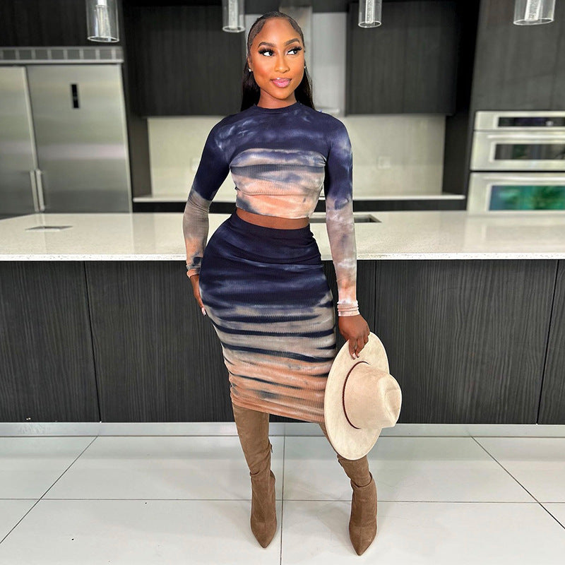 Women Clothing Autumn Winter Street Shooting Long Sleeve Pullover Print Slim Fit Sheath Dress Printed