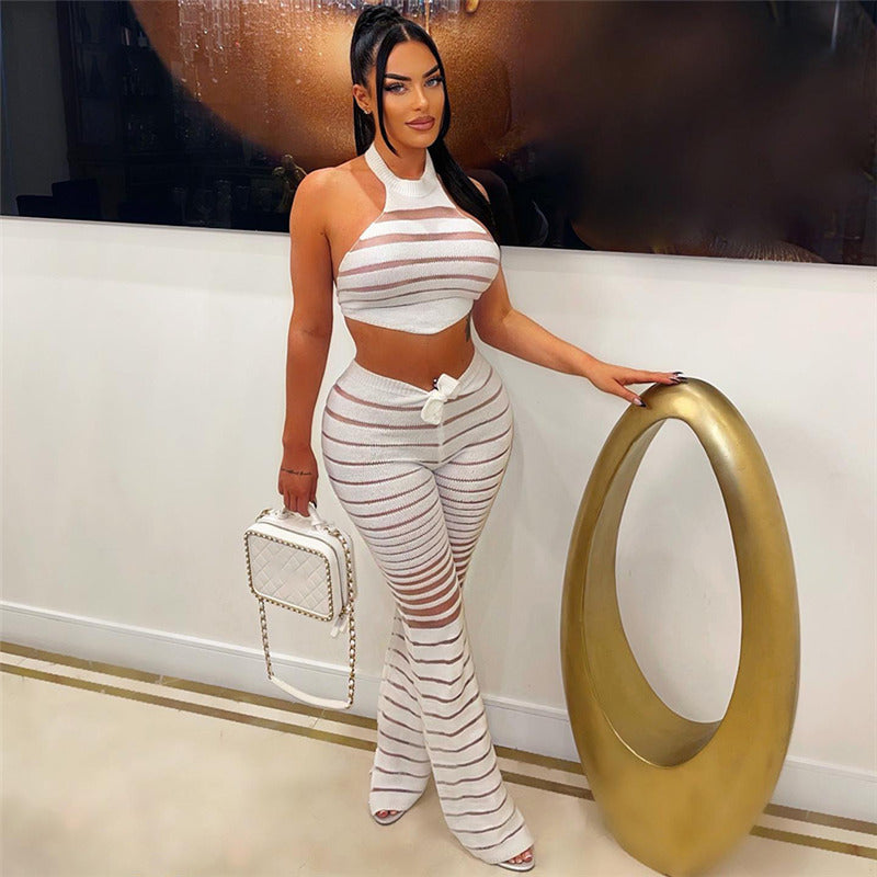 Women Clothing Autumn Lace up Halter Backless Sexy Knitted Vest High Waist Trousers Set