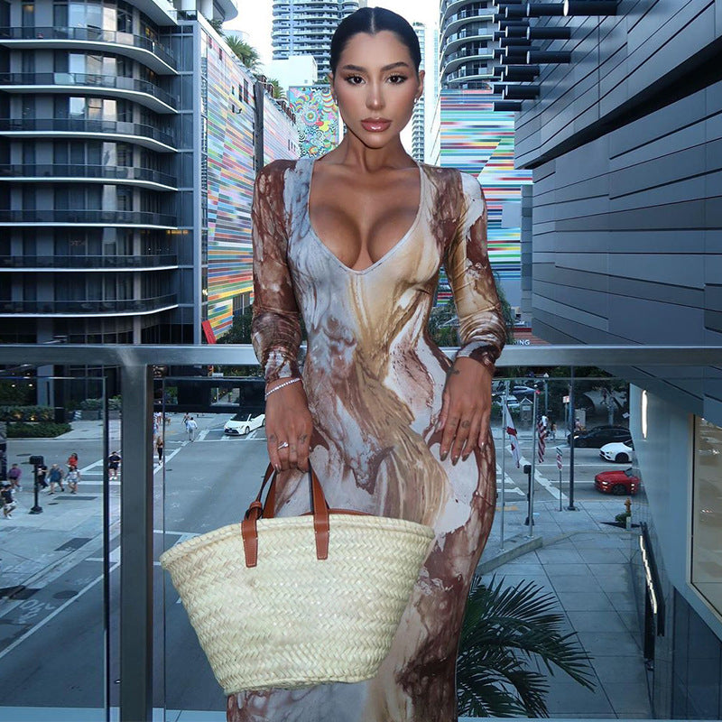 Women Clothing Autumn Winter Multi Color Printed Sexy V neck Tight Waist Slimming Maxi Dress