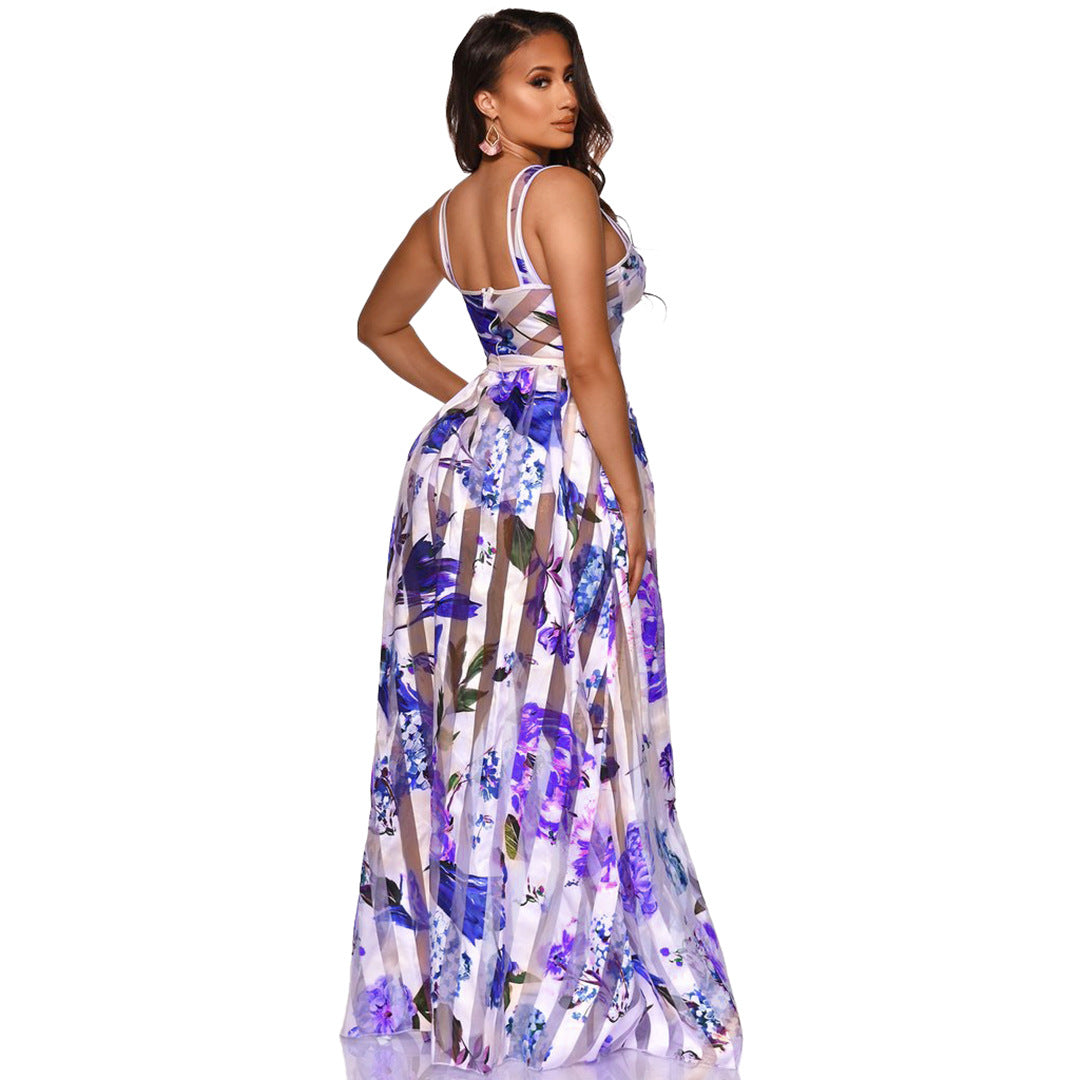 Summer Chest Wrap Spaghetti Strap Floral Print Nude See Through Wide Hem Maxi Dress