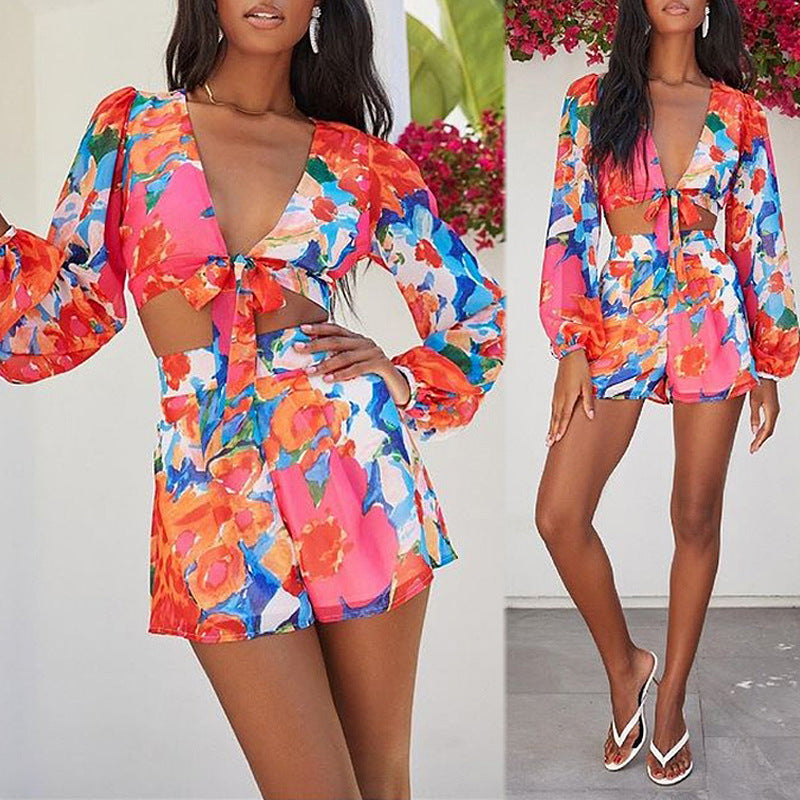 Autumn Printed V-neck Puff Sleeve Long Sleeve Lace-up Casual Set Women