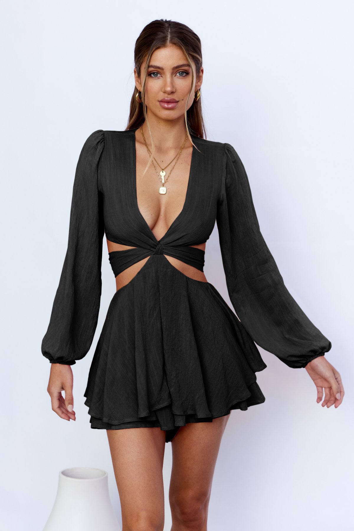 Solid Color Pantskirt Deep V Plunge Plunge neck Slim Fit Women Wear Lantern Long Sleeve Ruffled Romper