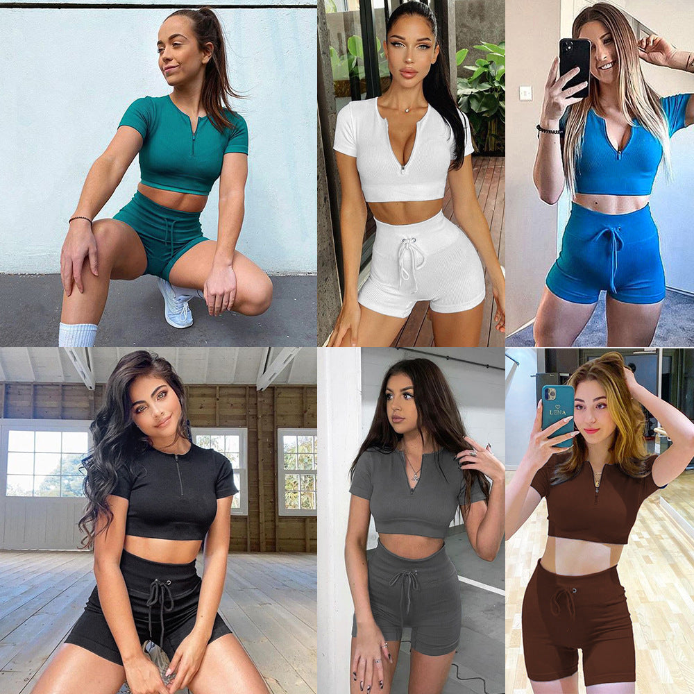 Seamless Sports Yoga Workout Clothes Short Sleeve Shorts Suit Drawstring Zipper Women