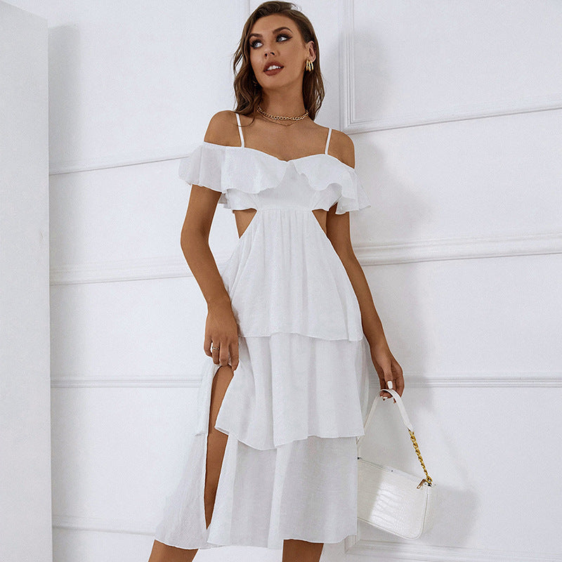 Summer Solid Color Strap Backless Cropped Outfit Sexy High Waist Tiered Dress Women Dress